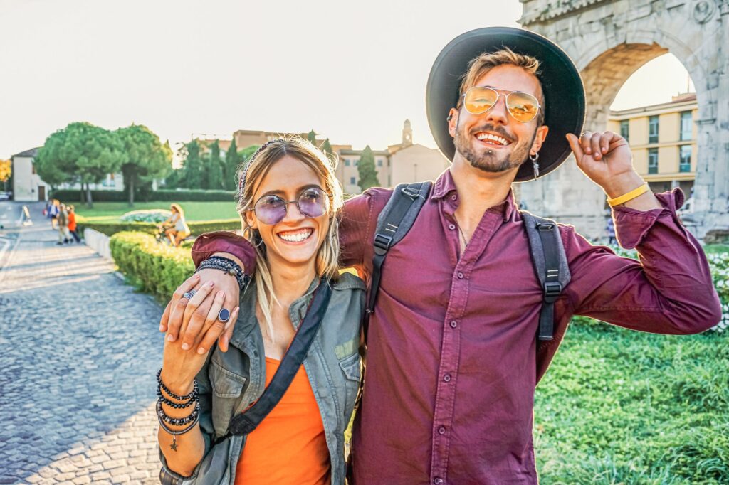 Happy tourist couple in vacation